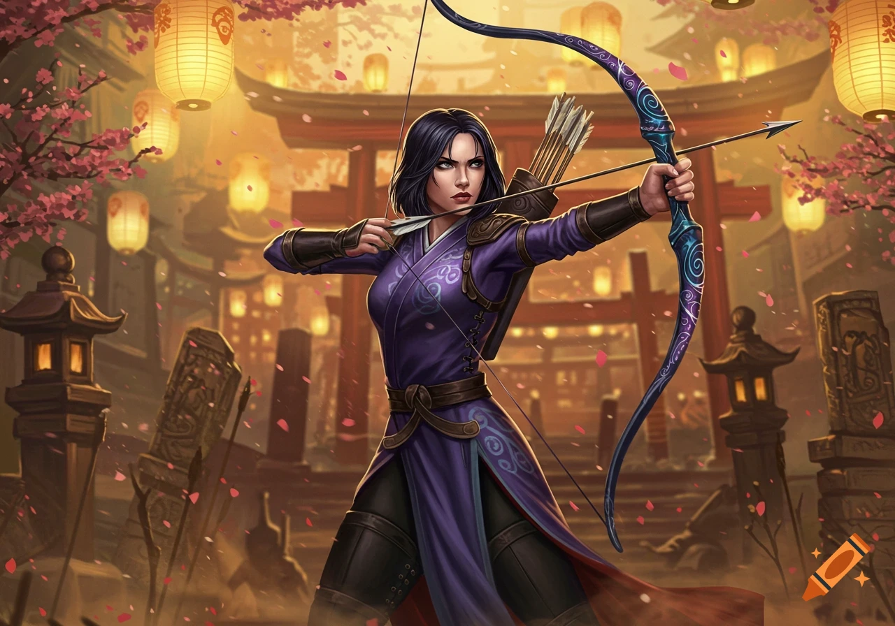 A determined female archer in purple armor holds a patterned bow, standing in a vibrant fantasy village with cherry blossoms and lanterns.
