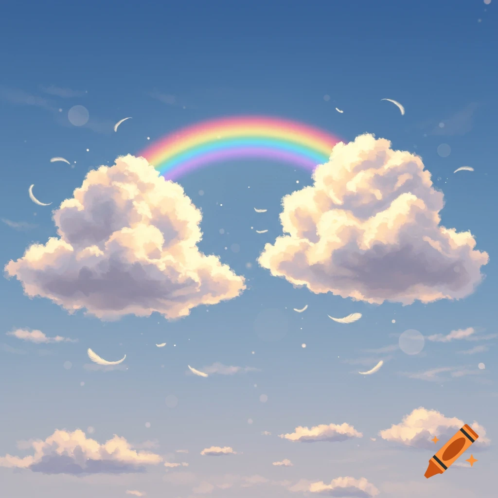 A vibrant rainbow arches over two large, fluffy clouds in a clear blue sky, with smaller clouds and white feather-like shapes scattered below.