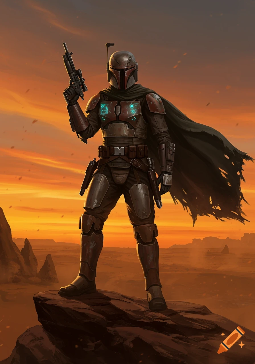 Armored bounty hunter stands on a desert rock at sunset, holding a rifle. Sci-fi illustration.