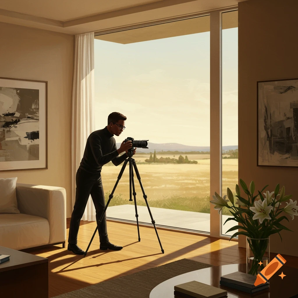 A man in a modern living room photographs a golden field landscape from a large window.