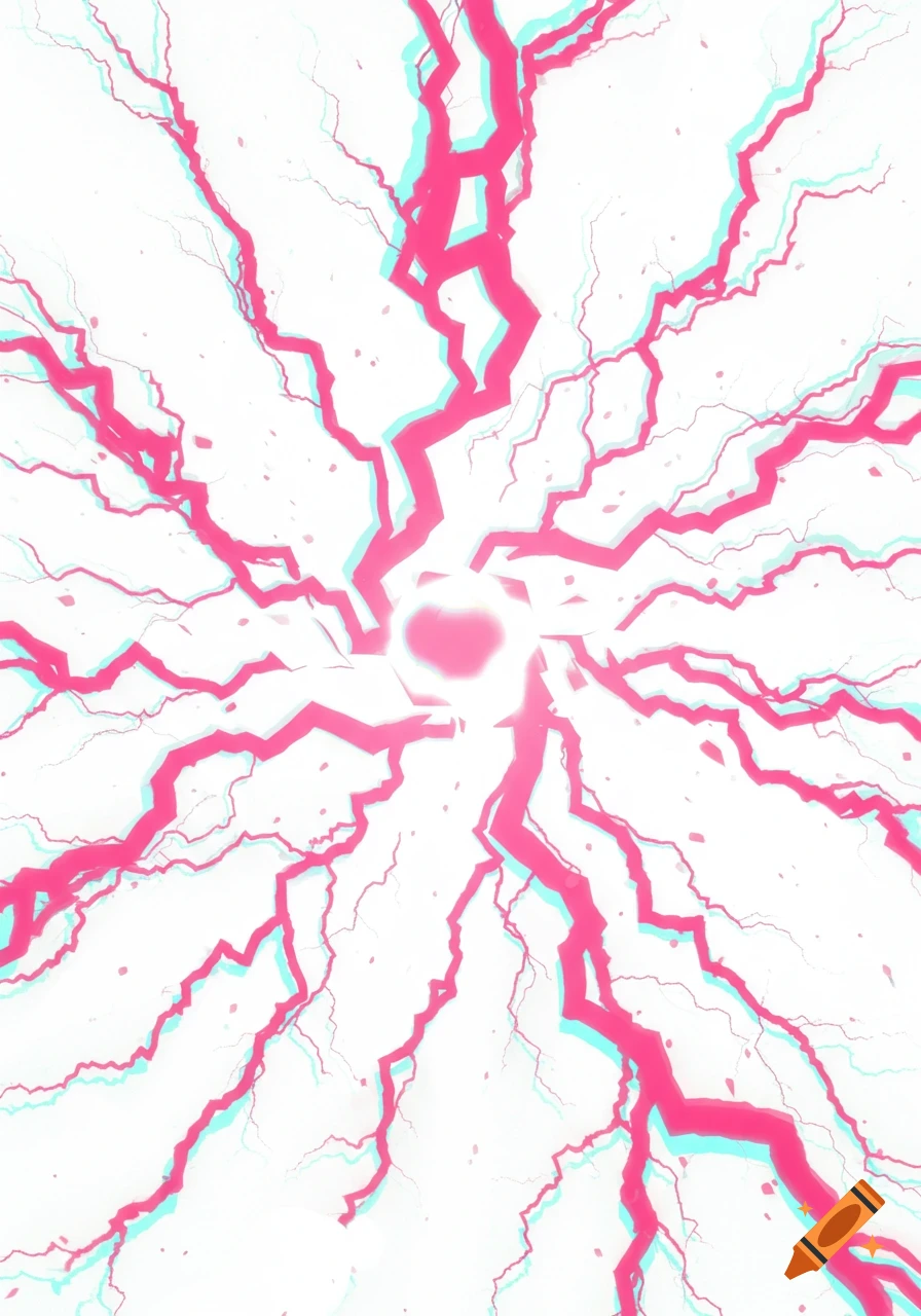 Pink and teal lightning bolts radiate from a central glowing pink heart against a white background, with a slight anaglyph effect.