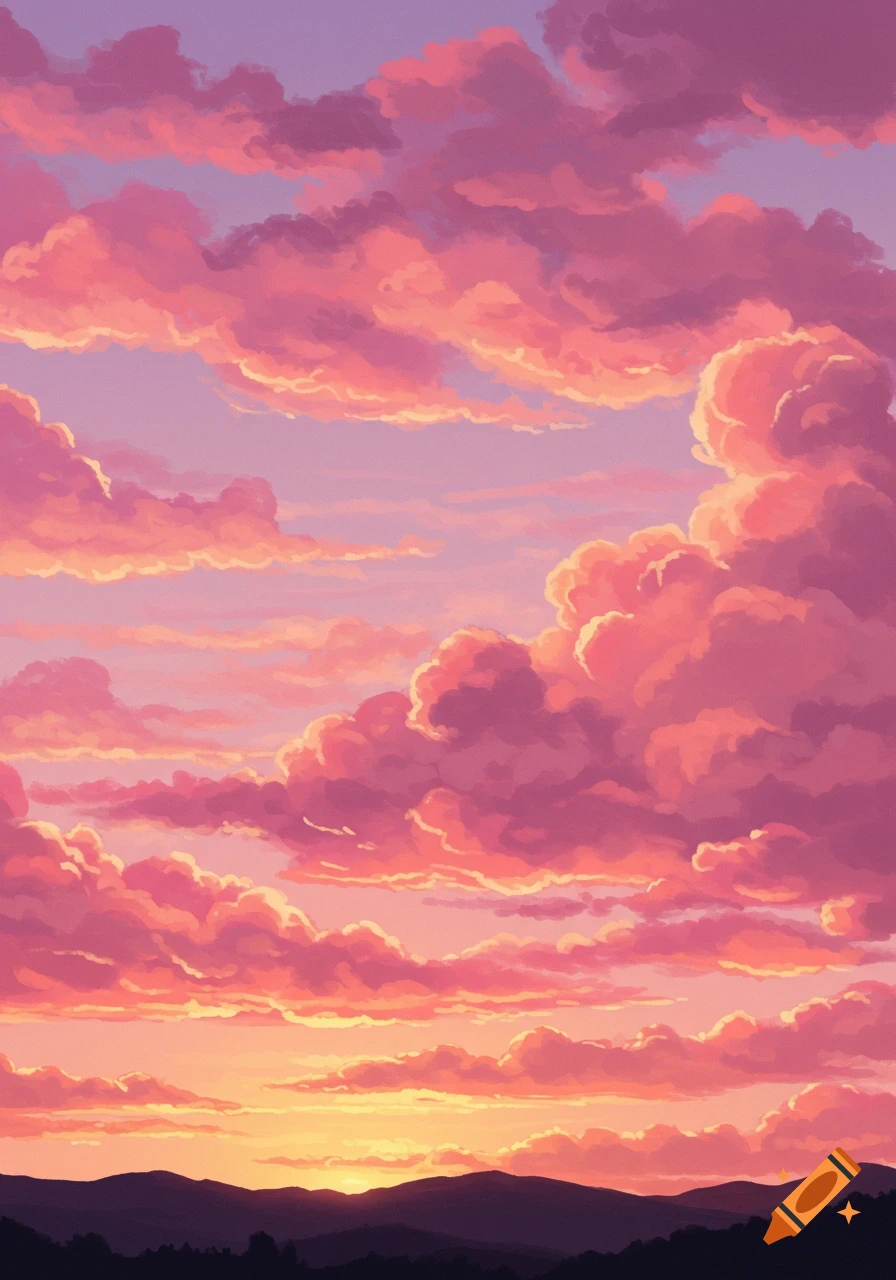 Vibrant pink and orange clouds fill a purple sky above dark mountain silhouettes at sunset.