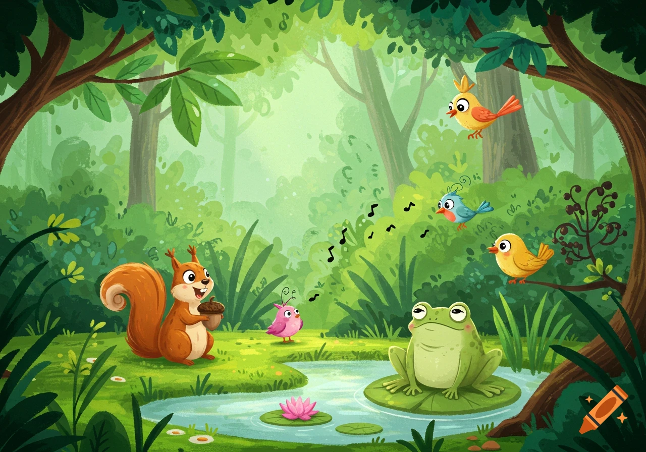 A cheerful cartoon forest scene with a squirrel holding an acorn, a frog on a lily pad, and birds singing around a pond.