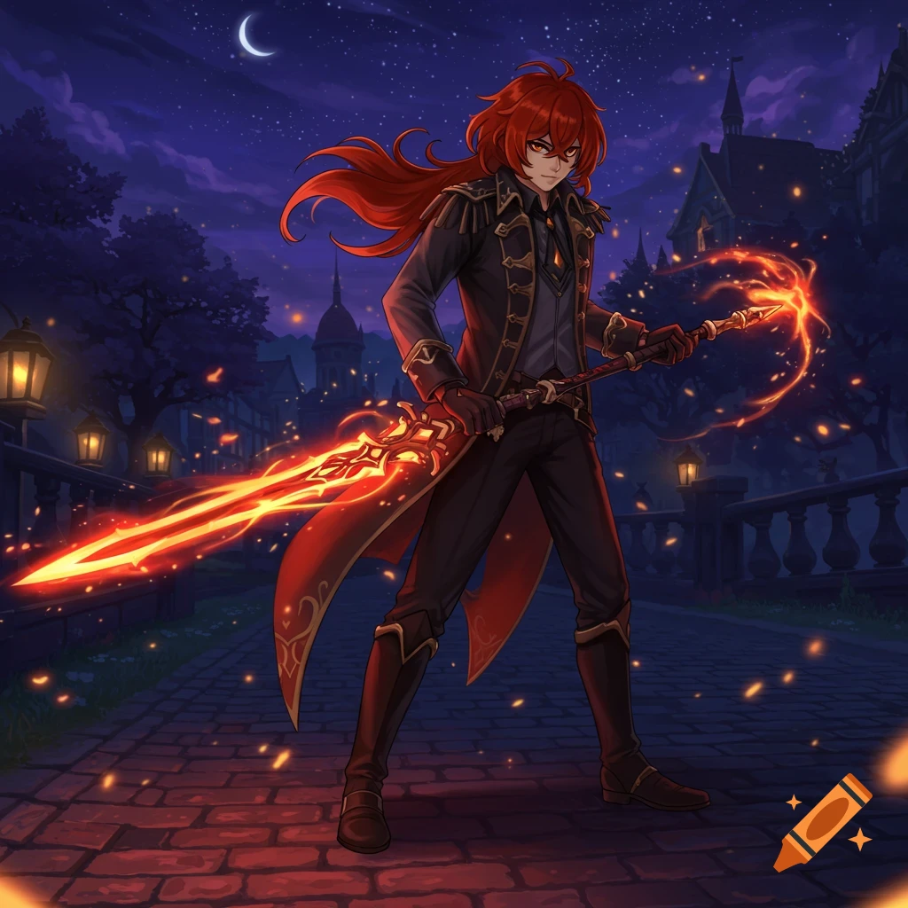 Diluc from Genshin Impact, a red-haired man in a dark coat, holding a glowing fiery sword and staff on a cobblestone path at night.