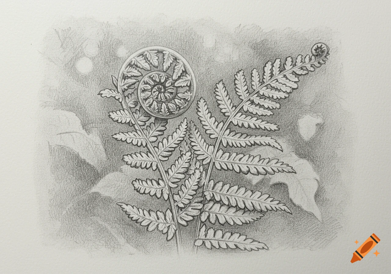 Detailed pencil sketch of a fern with a fiddlehead unfurling, against a shaded background.