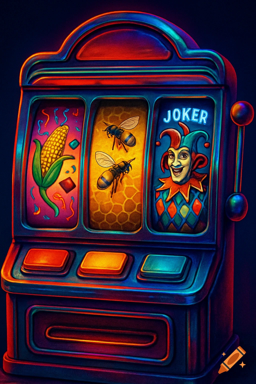 A colorful, neon-lit slot machine with three reels showing corn, bees, and a joker character with 'JOKER' text.
