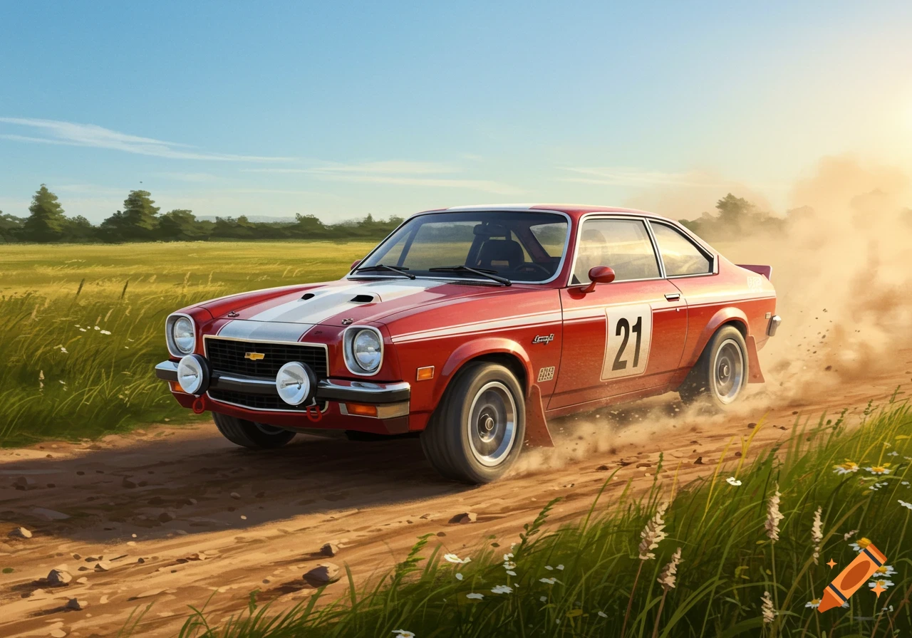 A red Chevy Vega rally car with white stripes and number 21 kicks up dust on a dirt road through a grassy field under a blue sky.