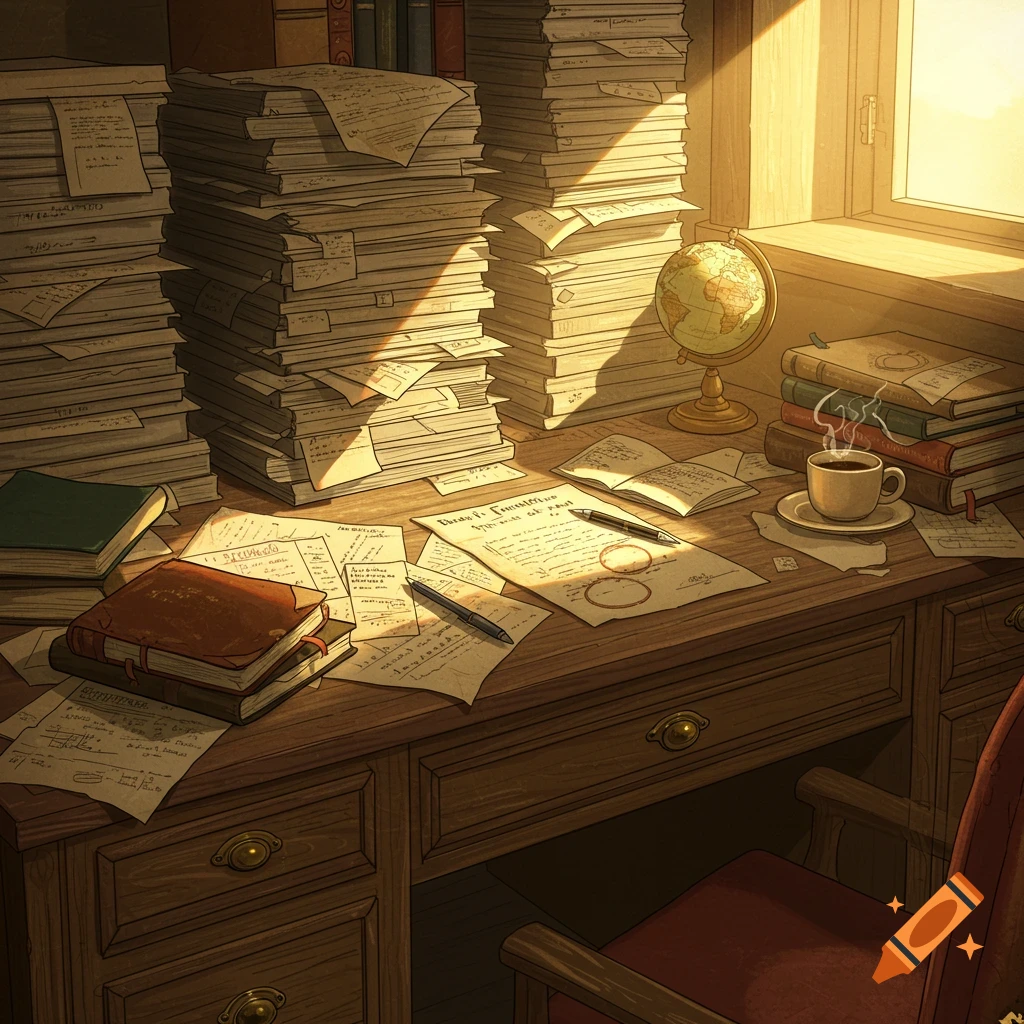 A cluttered wooden desk by a window, with piles of papers, books, a globe, and a steaming coffee cup, bathed in warm sunlight.