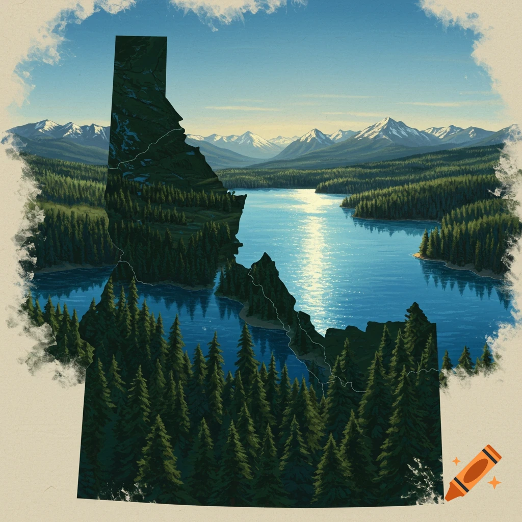 Stylized illustration of a mountain and forest landscape with a sunny lake, framed by the shape of Idaho.