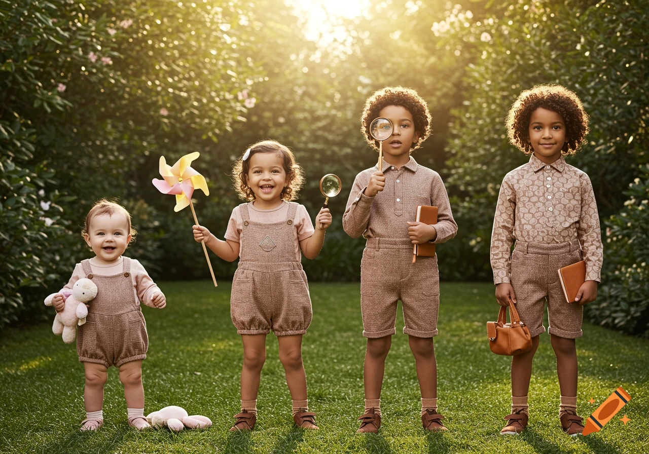 Four children in high-fashion casual outfits stand in a sunny garden with a pinwheel, magnifying glass, books, and toys.