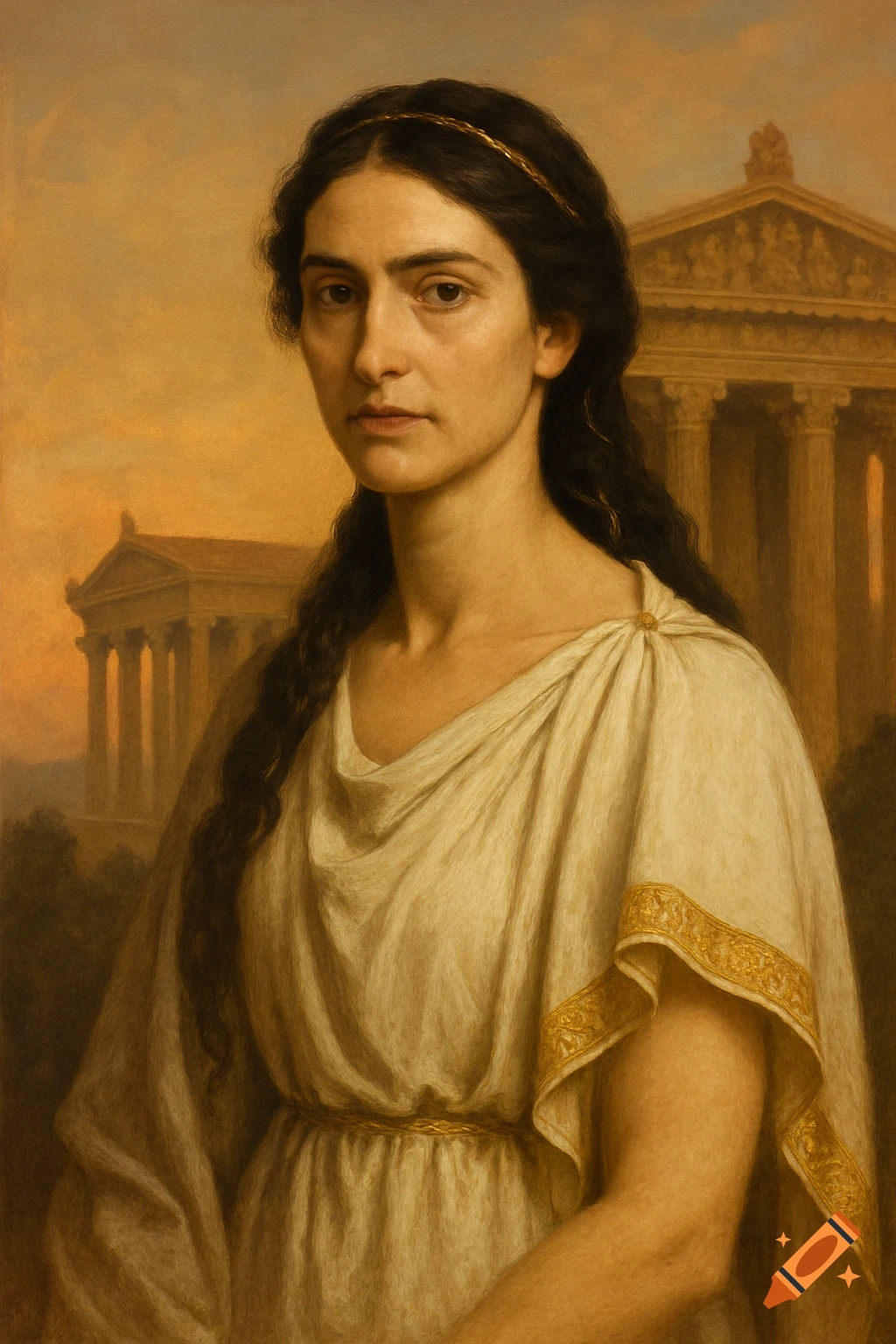 A classical painting of a woman with dark wavy hair wearing a white toga and a gold headband, standing before ancient Greek temples at sunset.