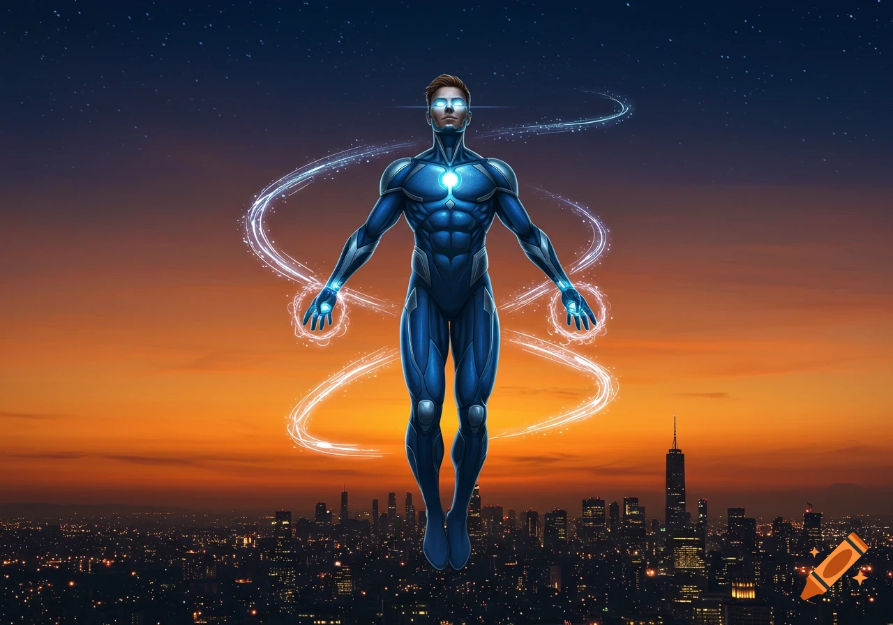 A muscular superhero in a blue suit with glowing hands and eyes floats above a city skyline at sunset, energy trails around him.