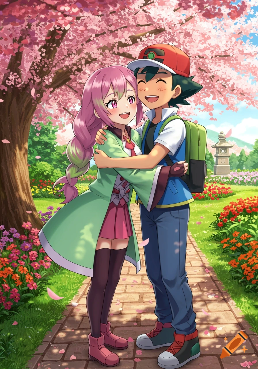 Ash Ketchum and Mitsuri Kanroji hug and smile under a cherry blossom tree in a vibrant anime park.