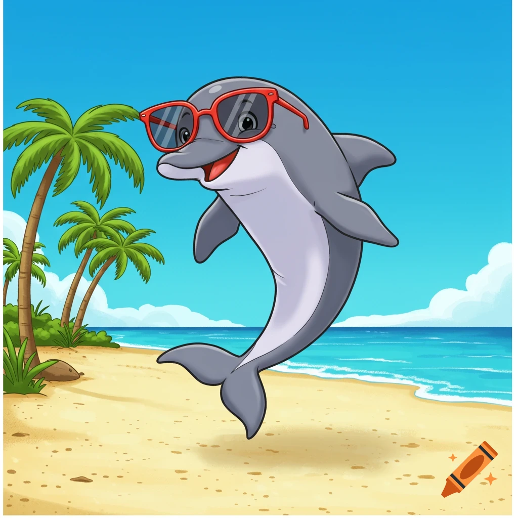 A cheerful cartoon dolphin wearing red sunglasses dances on its tail on a sunny tropical beach with palm trees and blue ocean.
