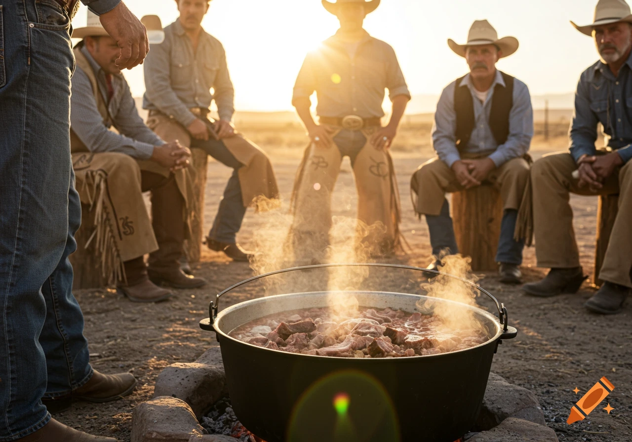 Cowboys gathered around a campfire cooking stew in a cauldron, with warm sunset light and lens flare in a desert setting.