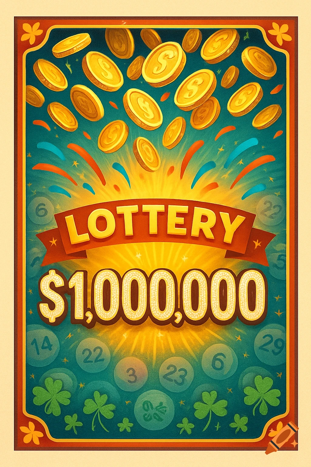 Colorful illustration of a lottery flyer with falling gold coins, a banner reading "LOTTERY", and "$1,000,000" prize text, with clover leaves and bingo numbers.