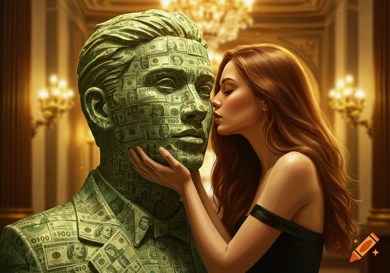 A woman with long hair kisses a male sculpture made of dollar bills in a luxurious, dimly lit room.