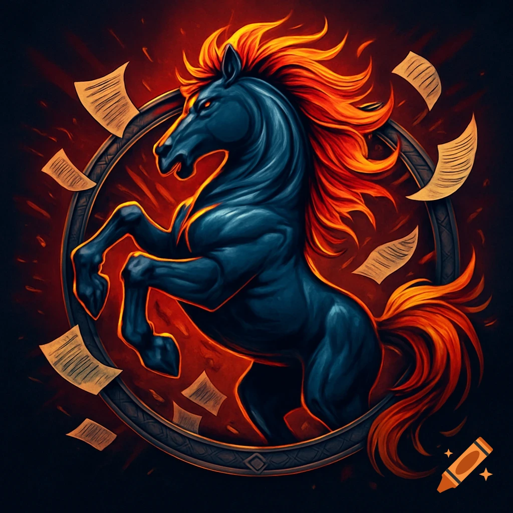 A stylized dark blue horse with a fiery mane rears within a circular frame, surrounded by floating papers, against a dark red background.