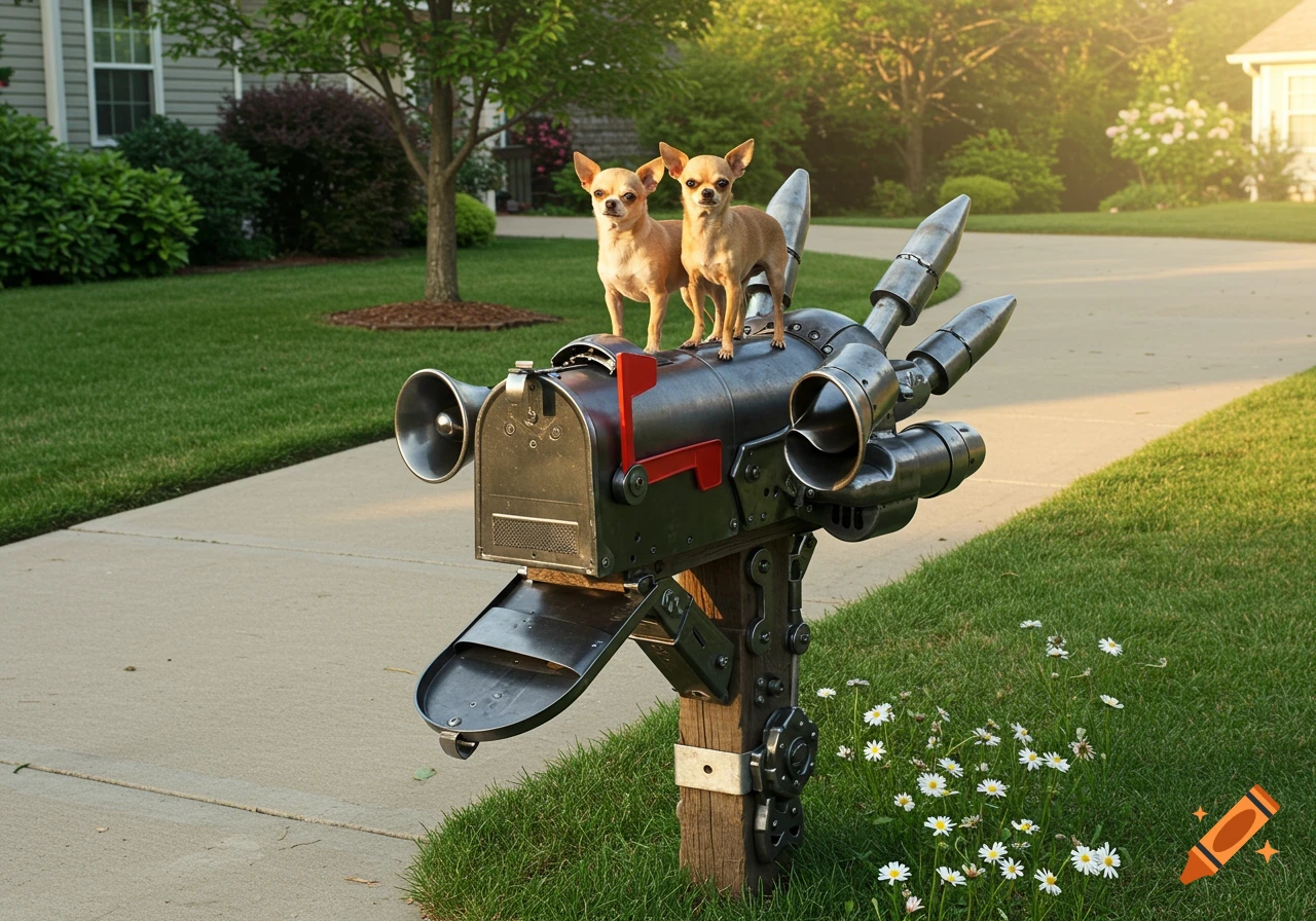 Two Chihuahuas stand on a heavily modified mailbox featuring siren horns and rocket launchers in a sunny residential yard.