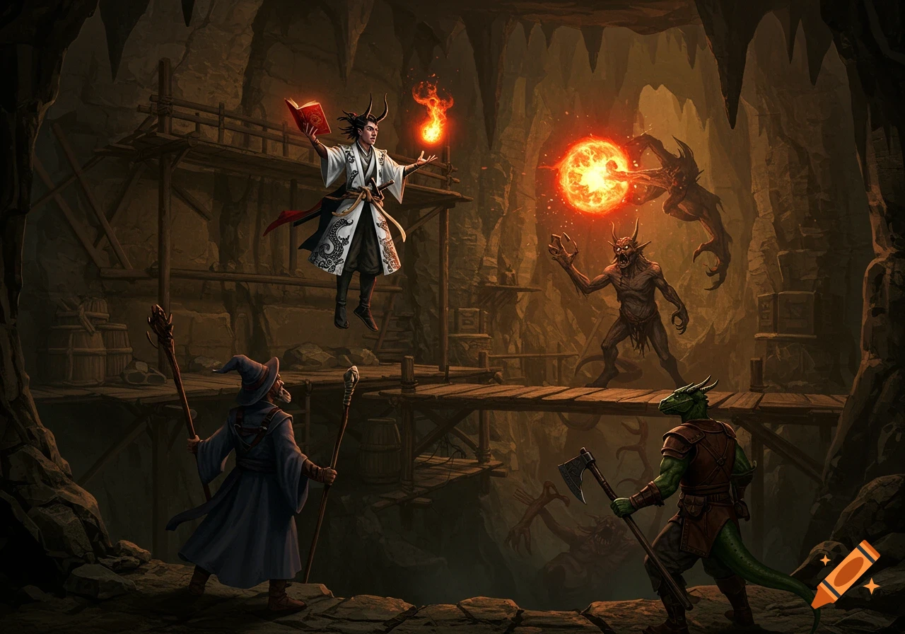 A floating horned wizard casts a fiery spell on demons in a dark cave, as a wizard and a dragonborn warrior watch.