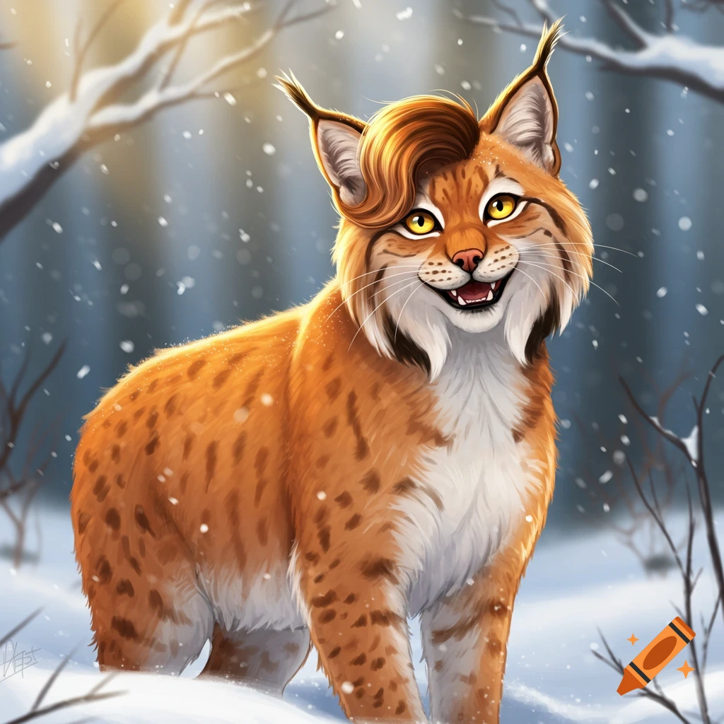 A stylized illustration of a happy Canadian lynx with orange fur, a toothy smile, and a side part hairstyle, standing in a snowy forest.