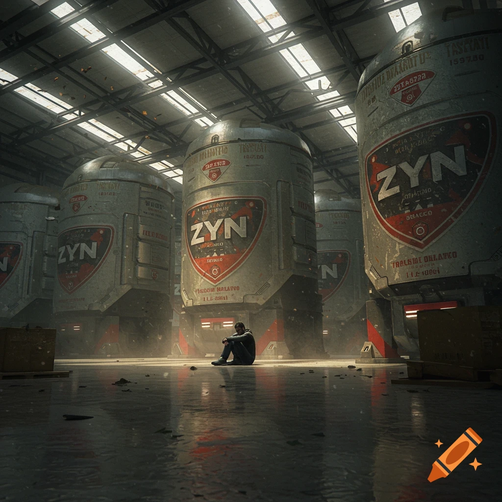 A man sits alone on the floor of a vast, dimly lit industrial warehouse filled with colossal, futuristic containers labeled 'ZYN'.