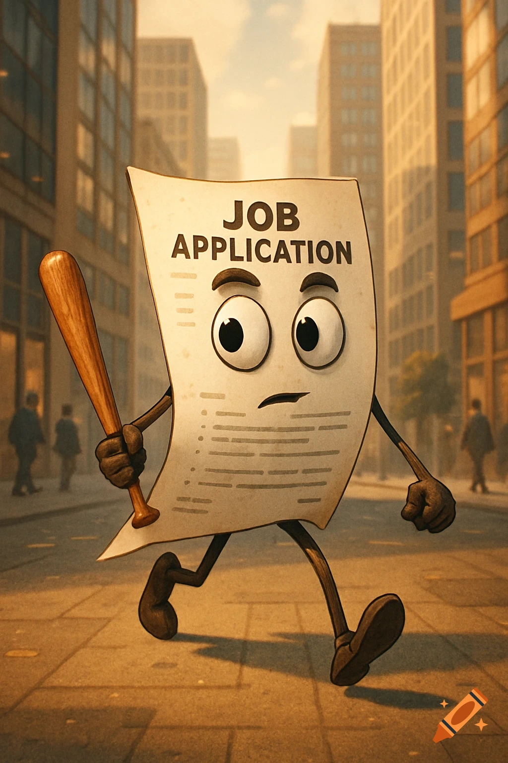 A cartoon job application paper with eyes, limbs, and a baseball bat, walking down a city street.