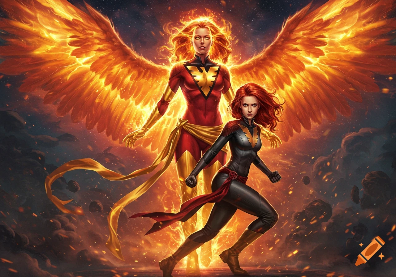Two red-haired superheroines, one with fiery wings and a red suit, the other in black, stand amidst cosmic fire.