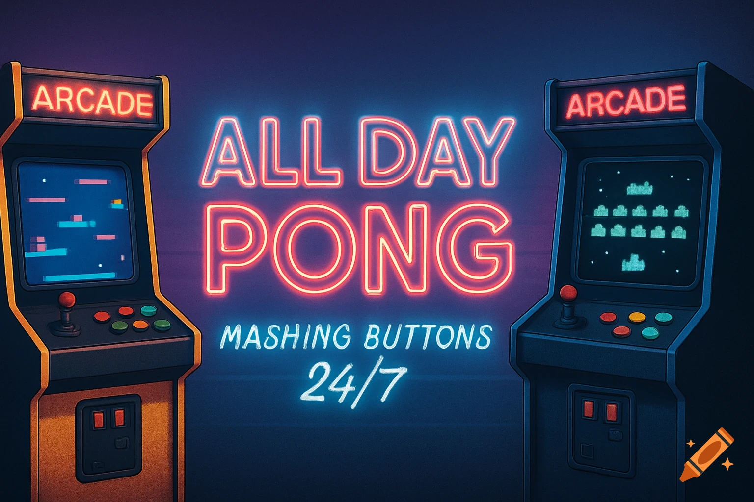 Two retro arcade machines with glowing screens and joysticks flank a central neon sign that reads "ALL DAY PONG MASHING BUTTONS 24/7".