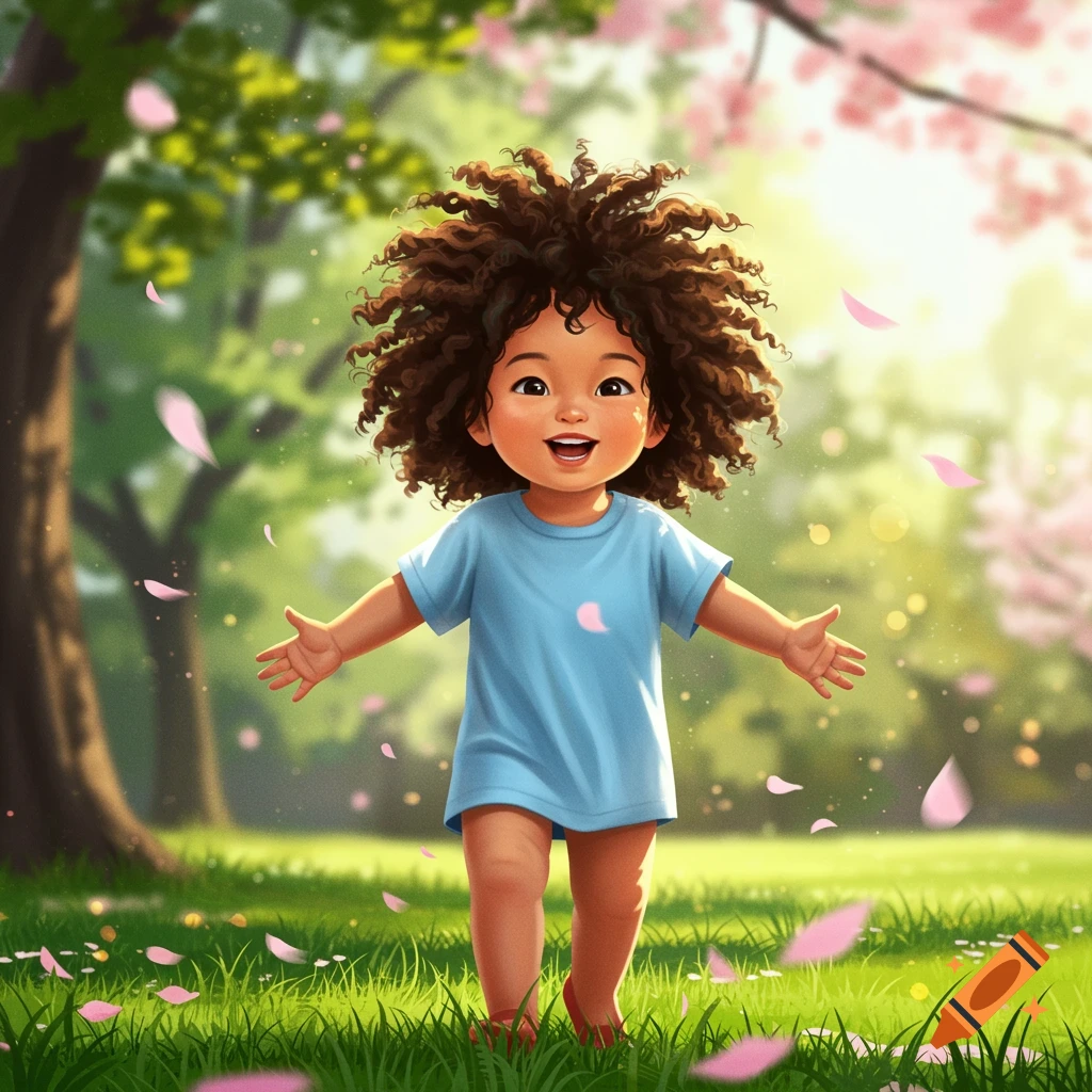 An illustration of a joyful child with curly hair and a blue shirt, walking in a grassy park with falling pink petals.