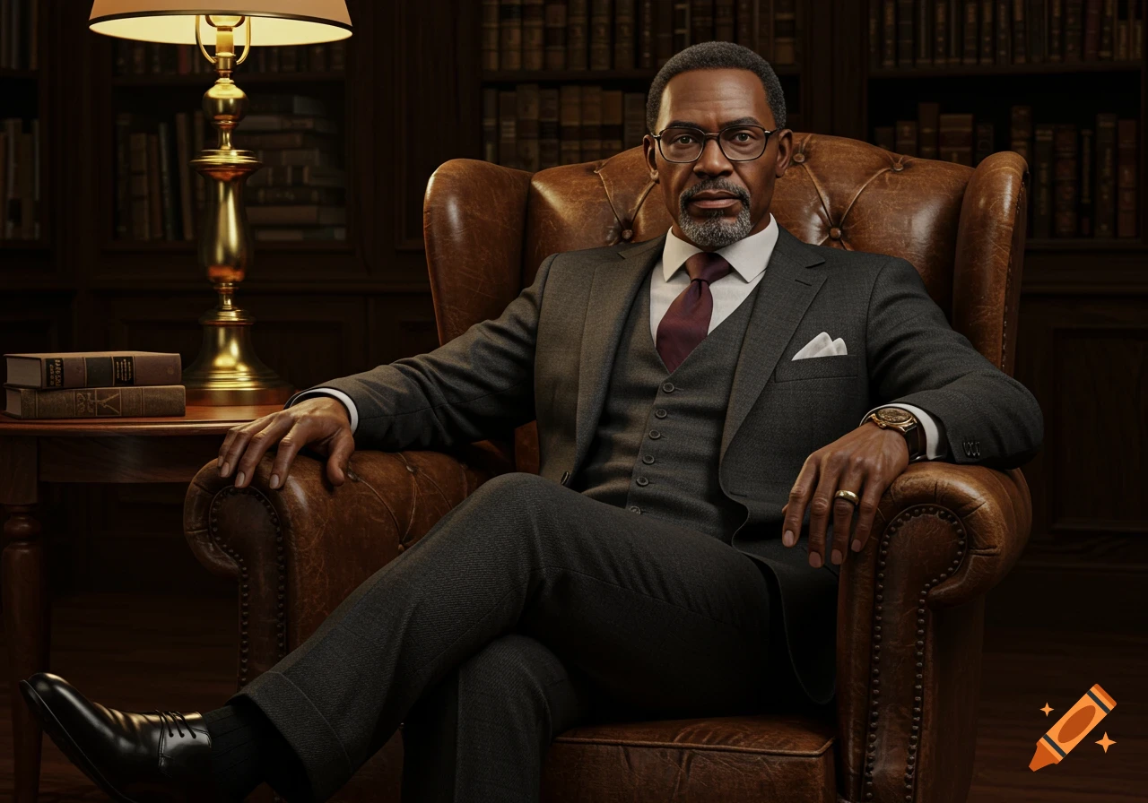Photorealistic portrait of a distinguished Black man in a dark suit, sitting in a leather armchair in a library.