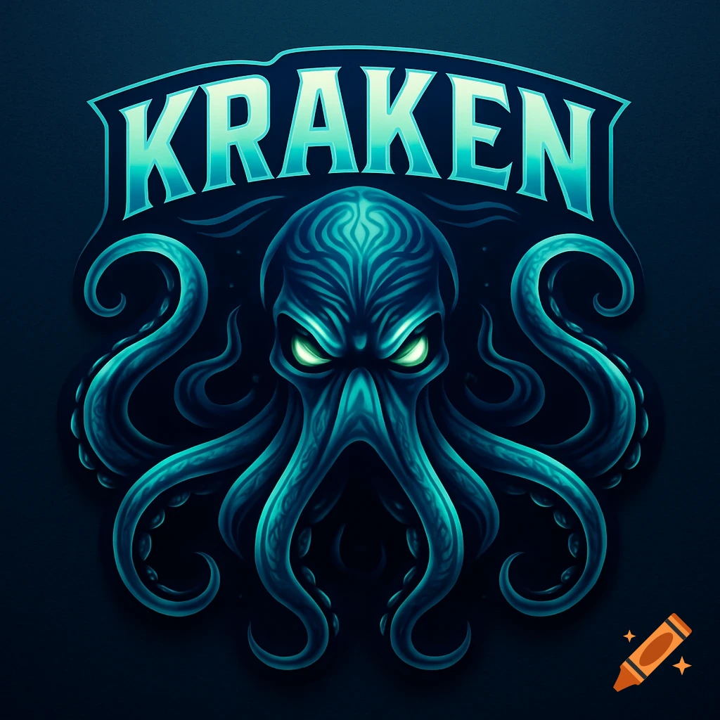 A stylized blue kraken logo with glowing green eyes and the word KRAKEN above it in a banner, against a dark background.