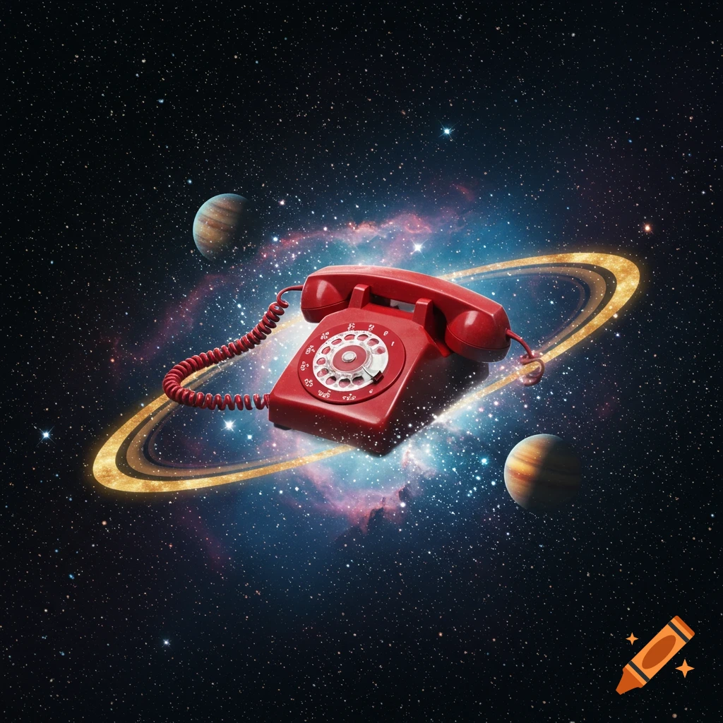 A vibrant red rotary phone floats in deep space, surrounded by planets, a colorful nebula, and glowing golden rings.