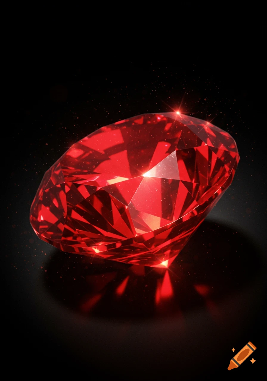 A brilliant, faceted red ruby gemstone glitters against a dark background, showing multiple reflections and highlights.