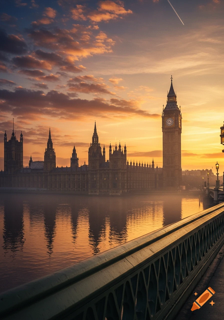 Vibrant sunset over Big Ben and the Houses of Parliament in London, with reflections on the Thames, seen from a bridge.