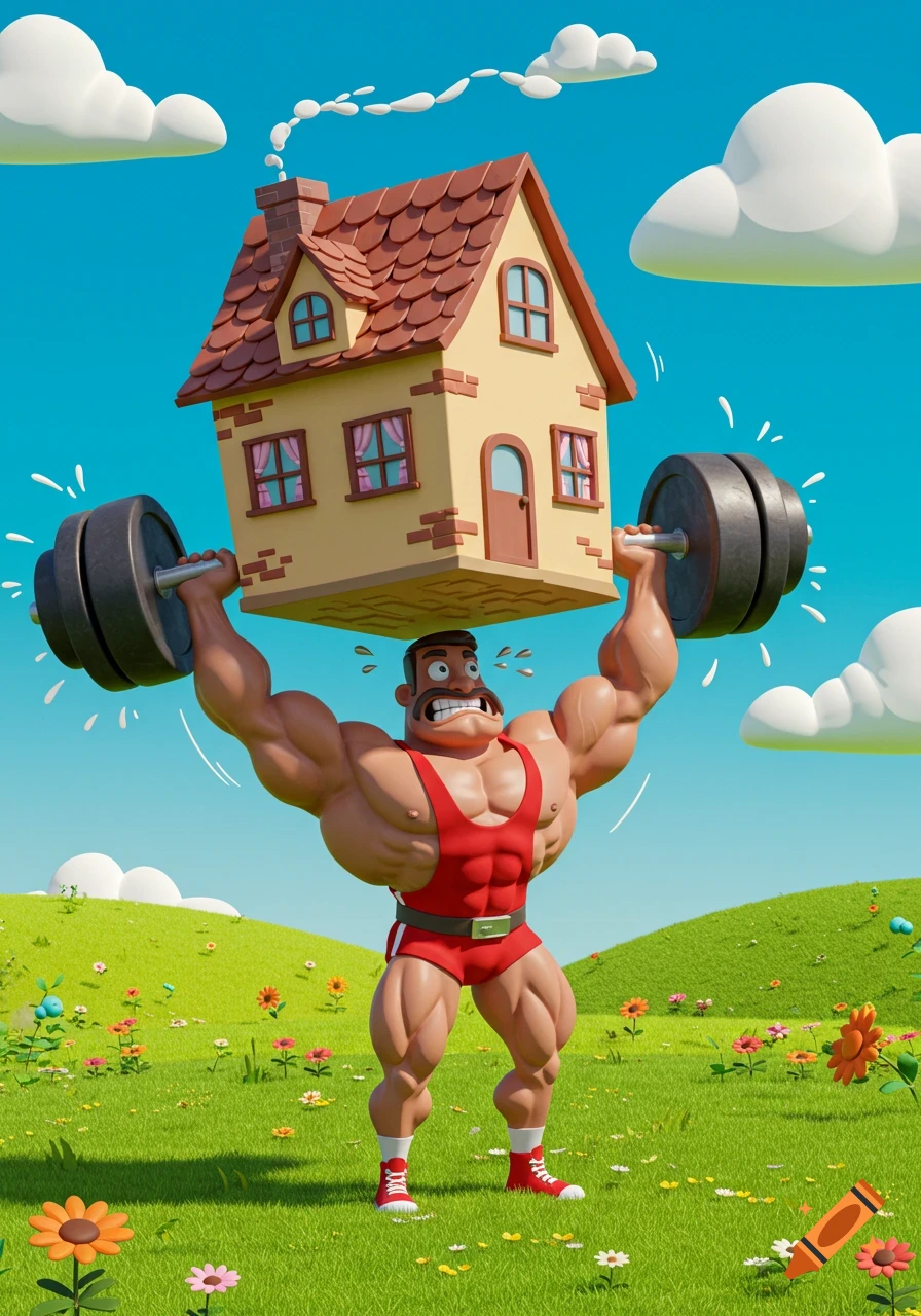 A muscular cartoon weightlifter in a red singlet lifts a small house like a barbell in a grassy field under a blue sky.