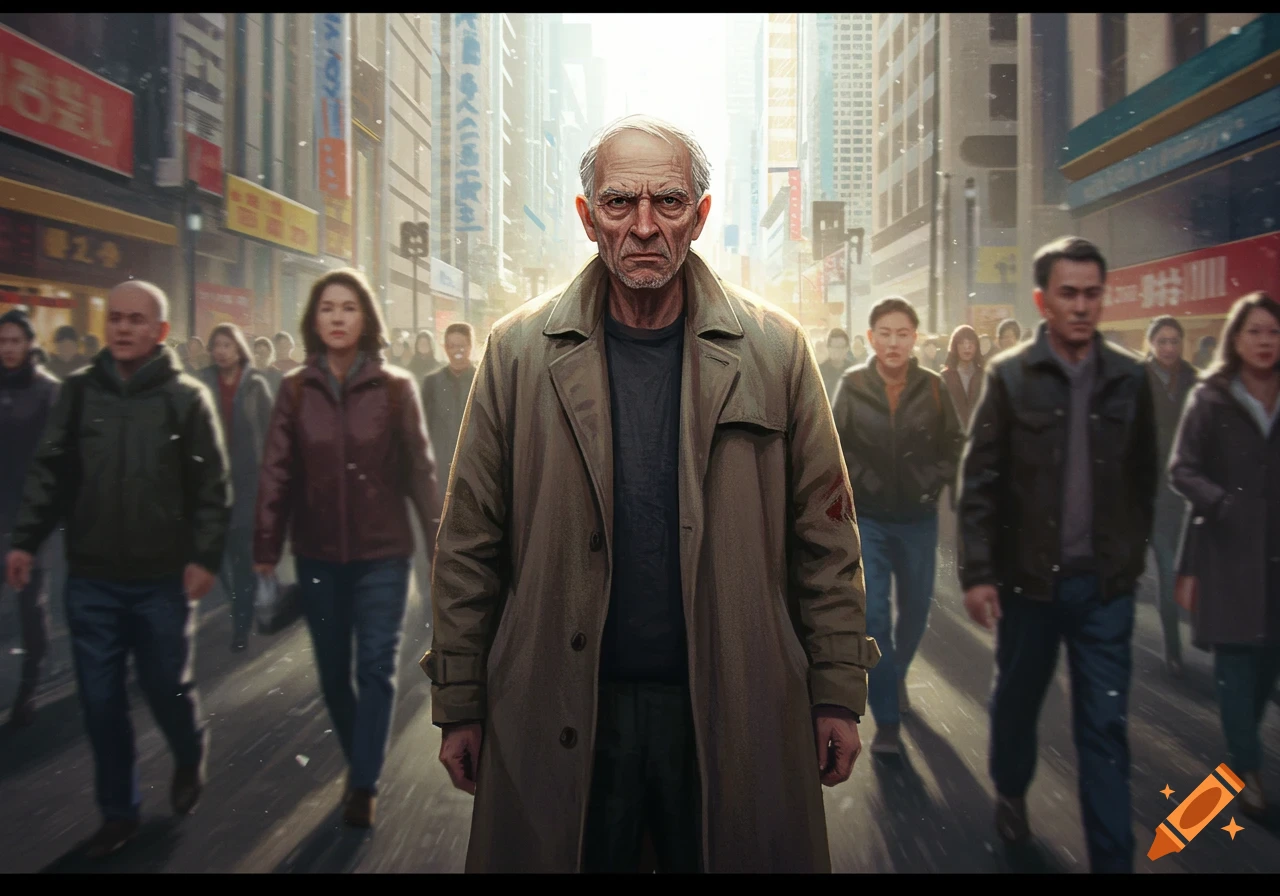 An angry old man in a trench coat stares intensely, walking through a brightly lit, blurry city street crowded with people.