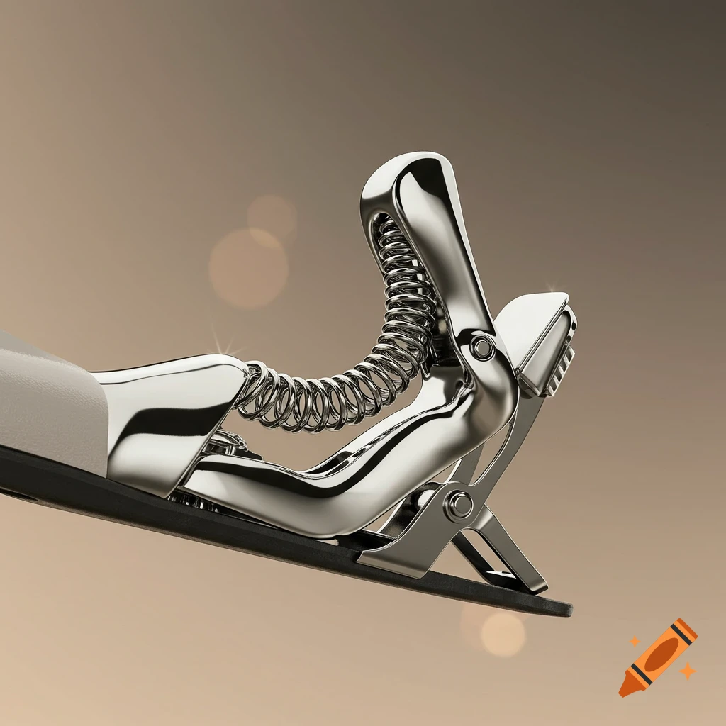 Close-up photorealistic shot of a shiny metallic clip with a large coiled spring mechanism against a blurred beige background.