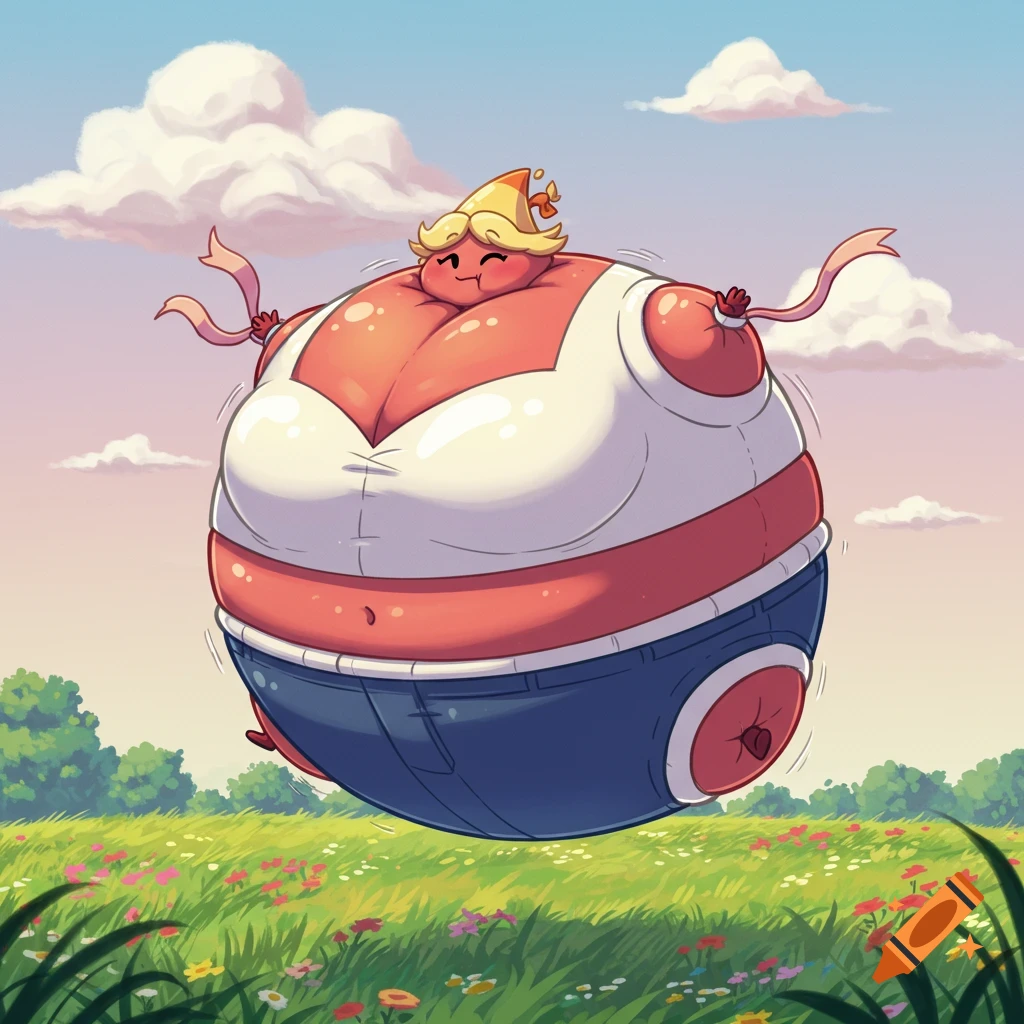 Cartoon character Match from BFDI inflated into a huge pink balloon, floating over a grassy field with flowers, under a blue sky.