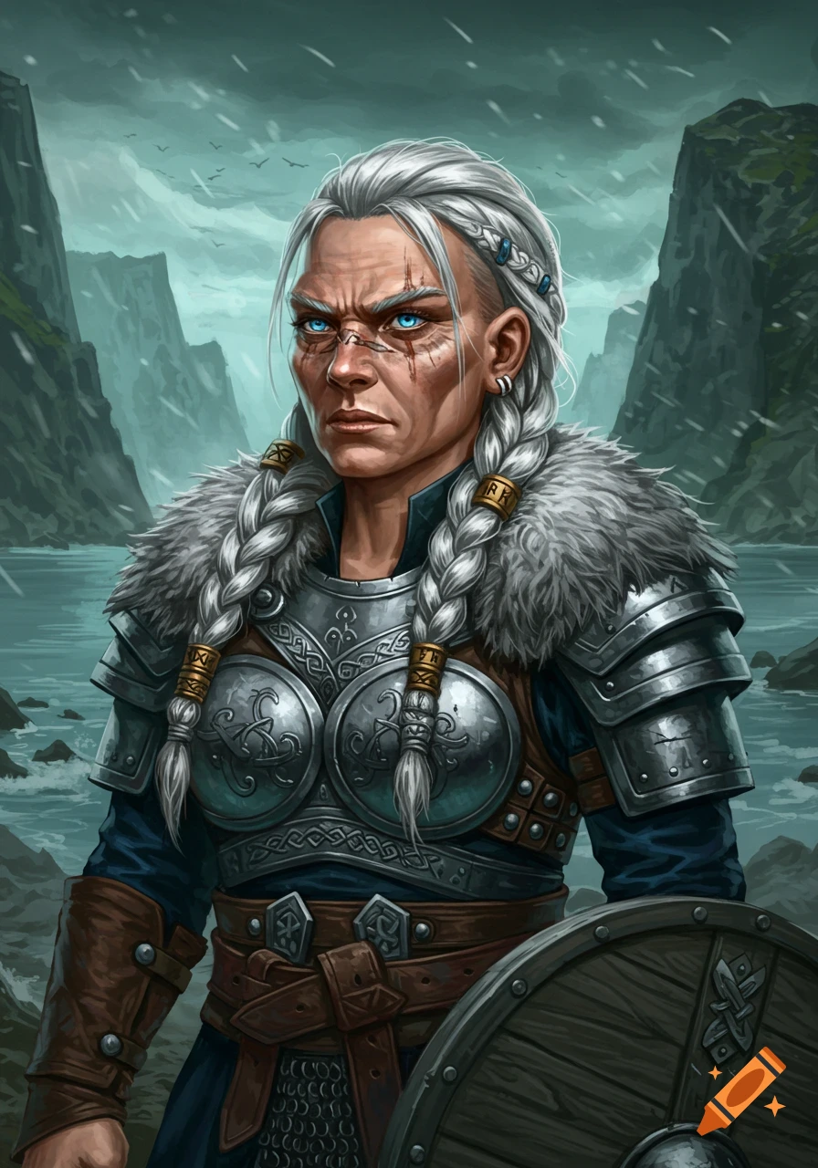 A grim-faced female Viking warrior with white braided hair and blue eyes, wearing fur and metal armor, holding a shield, against a snowy mountain and water background.