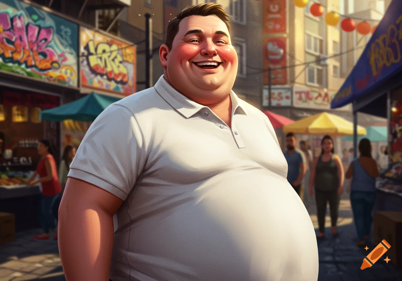 A smiling, overweight man in a white polo shirt stands on a bustling market street with graffiti and lanterns.