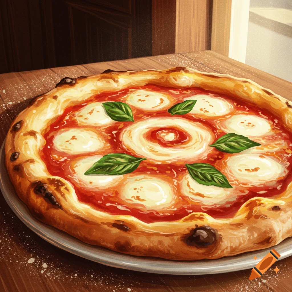 Illustrative close-up of a fresh Margherita pizza with mozzarella, tomato sauce, and basil on a wooden table.