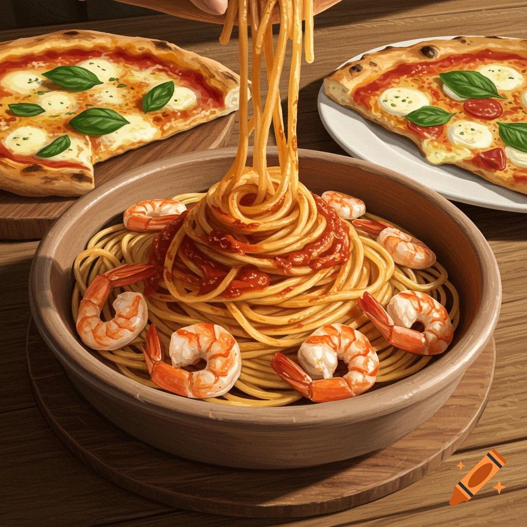 Illustrated spaghetti with prawns in a bowl, with two pizzas on a wooden table.