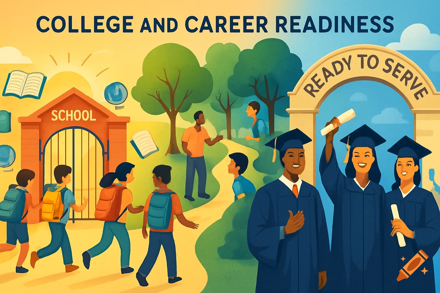 Illustration showing students entering school and diverse graduates in caps and gowns with text "COLLEGE AND CAREER READINESS" and "READY TO SERVE".