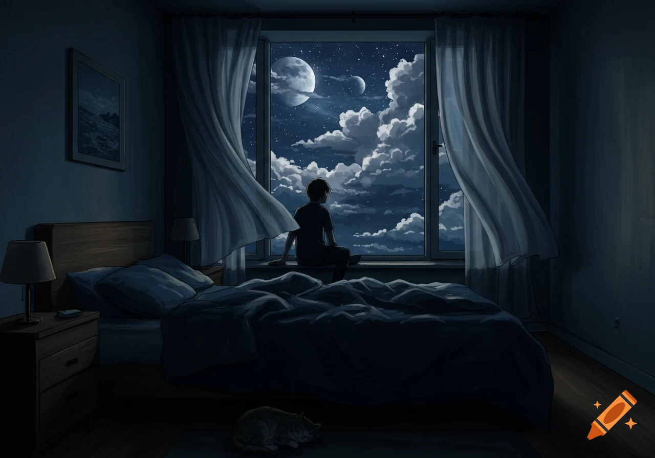 Digital art of a person sitting on a bedroom windowsill, looking out at a starry night sky with two moons and clouds, a cat sleeps on the floor.