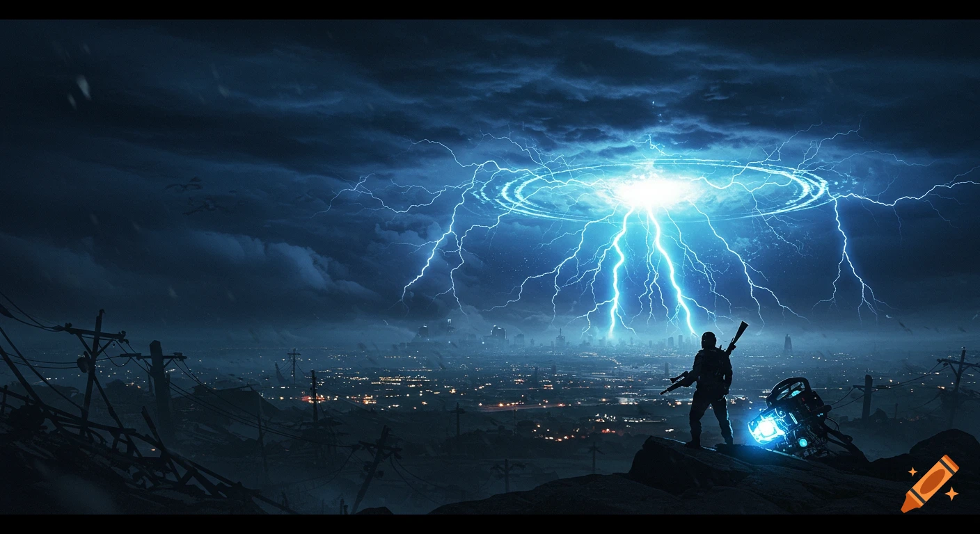 A lone armed figure stands on a ridge overlooking a ruined city under a stormy, lightning-filled sky with a massive blue energy shockwave.