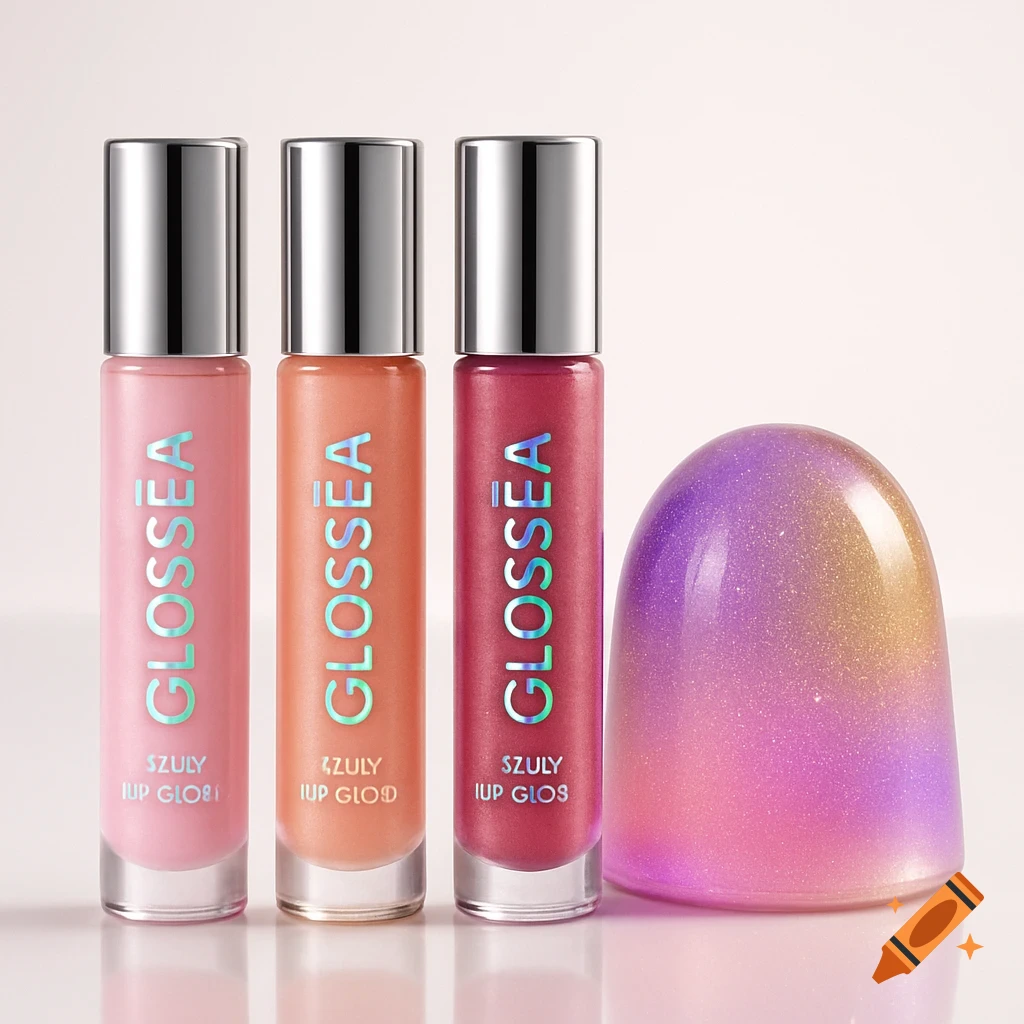 Three tubes of lip gloss in pink, peach, and berry with metallic caps and holographic labels, next to a gradient pink-purple-gold dome.