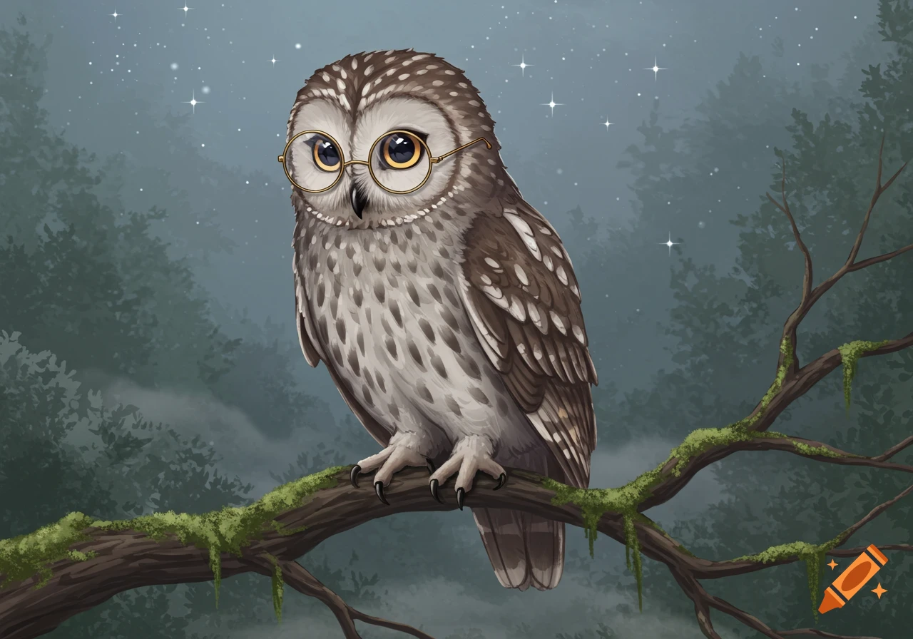 A cartoon-style owl with large round golden glasses perches on a mossy branch in a dark forest with sparkling stars.