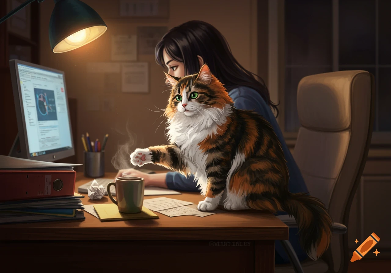 Illustrated scene of a calico cat with long fur on a desk, reaching for a coffee cup, distracting a person working on a computer at night.