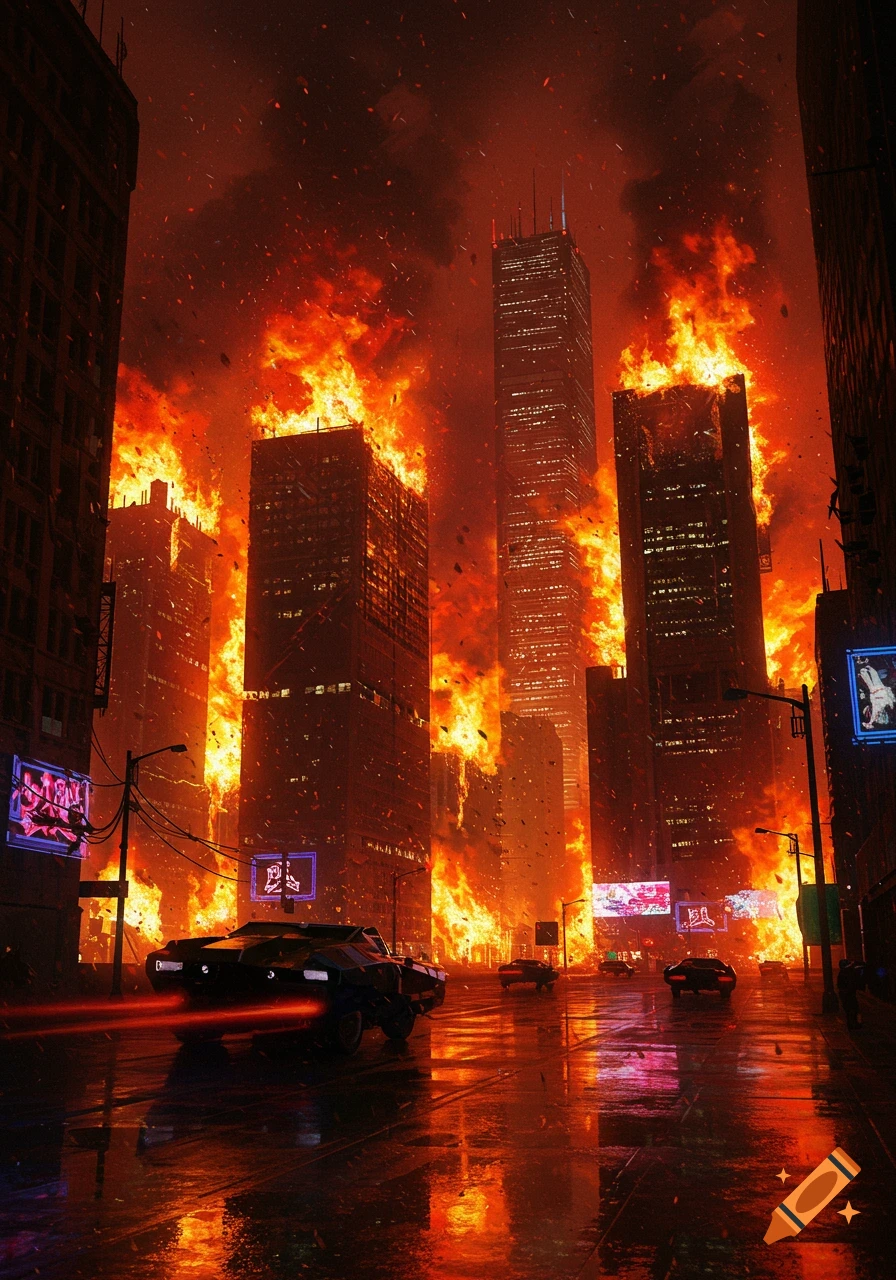 A dark cyberpunk city street at night with skyscrapers engulfed in massive flames, as futuristic cars drive on a wet, reflective road.